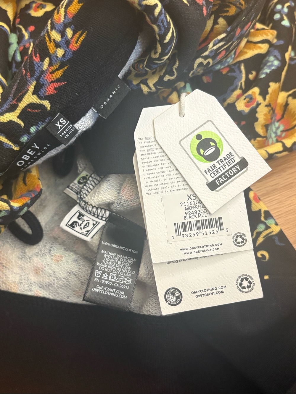 Obey Floral Hoodie XS NWT | Organic Cotton | Cropped Streetwear Sweatshirt - Picture 6 of 7